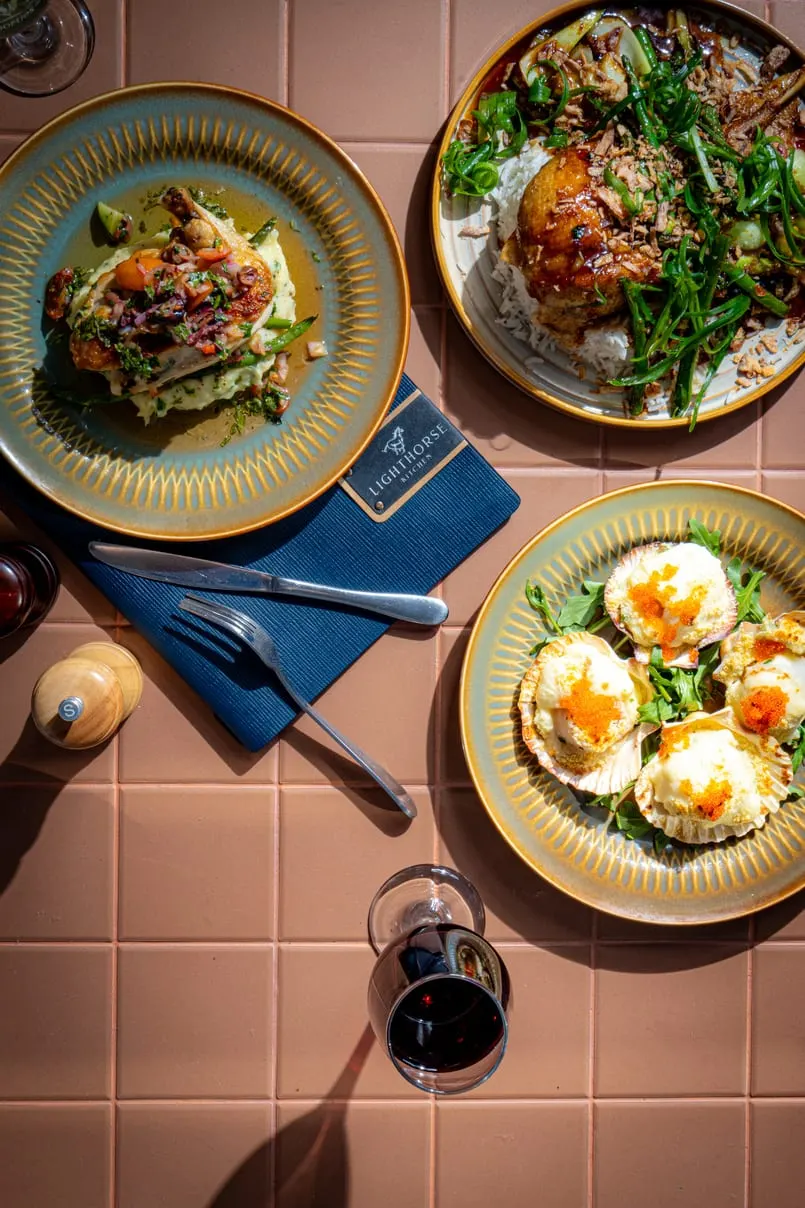 Brunch plates on a terracotta tiled table