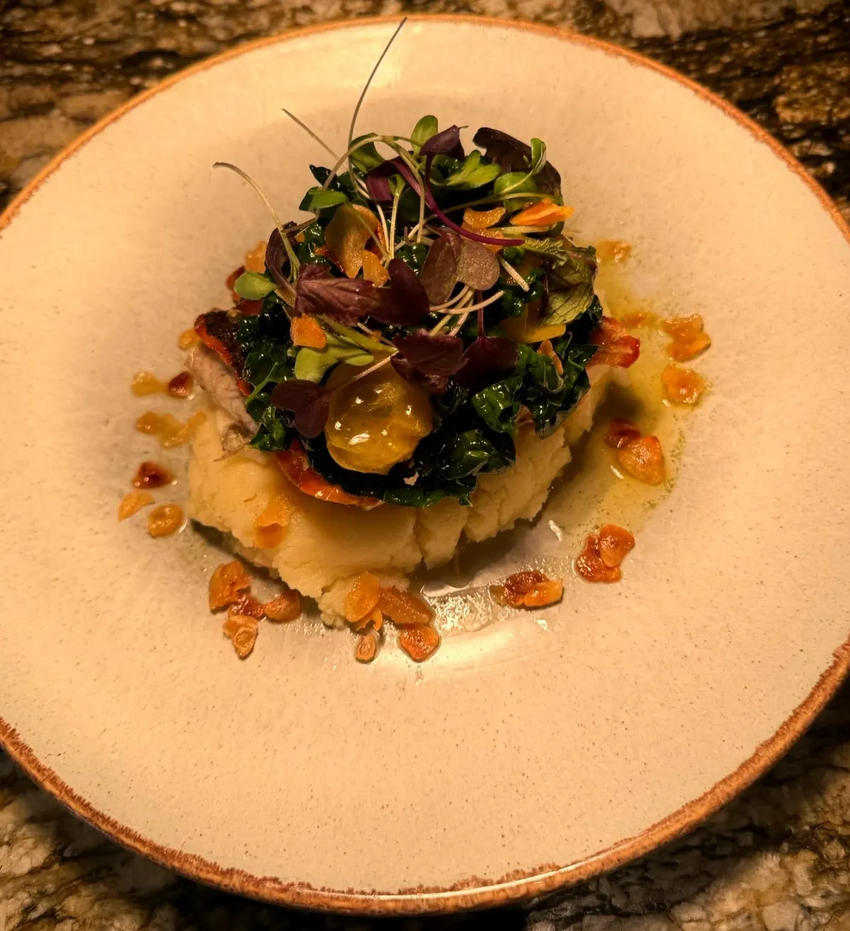 Barramundi with vegetables and micro herbs