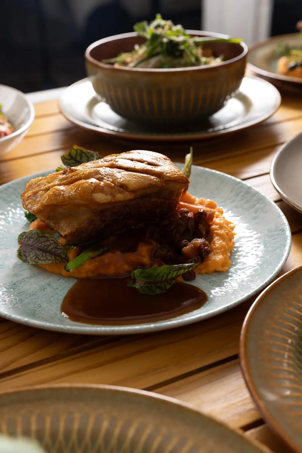 Slow-cooked meat in rich gravy beside a bowl of soup